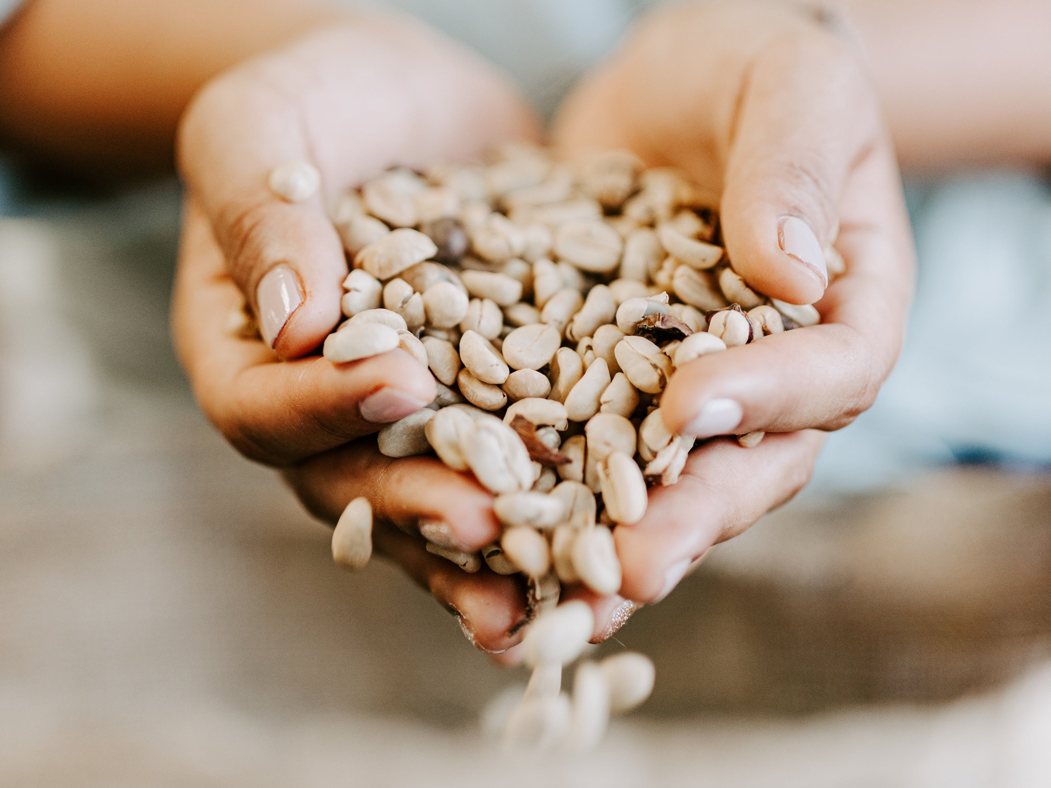 Victoria holding roasted coffee beans from Misma Lani, showcasing our 100% Kona coffee and the care behind every batch.