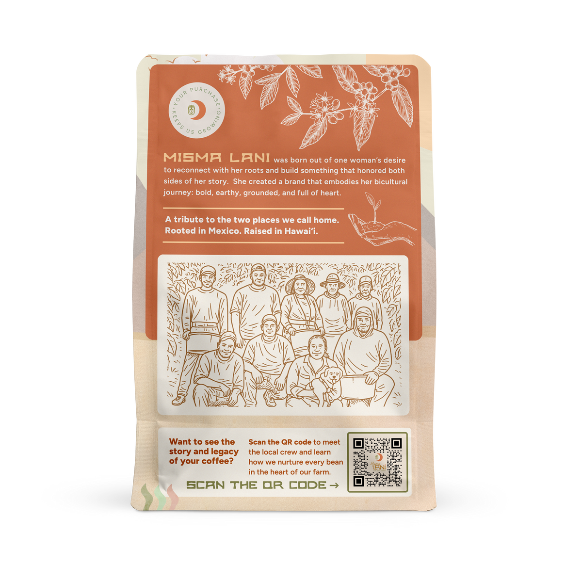 Misma Lani 12 oz coffee bag showing the back label with product details.